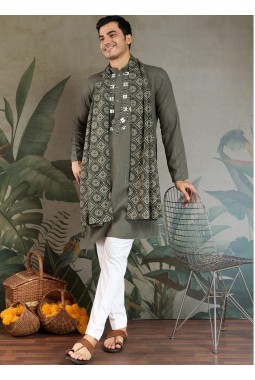Olive Green Viscose Mirror Work Navratri Kurta With Dupatta