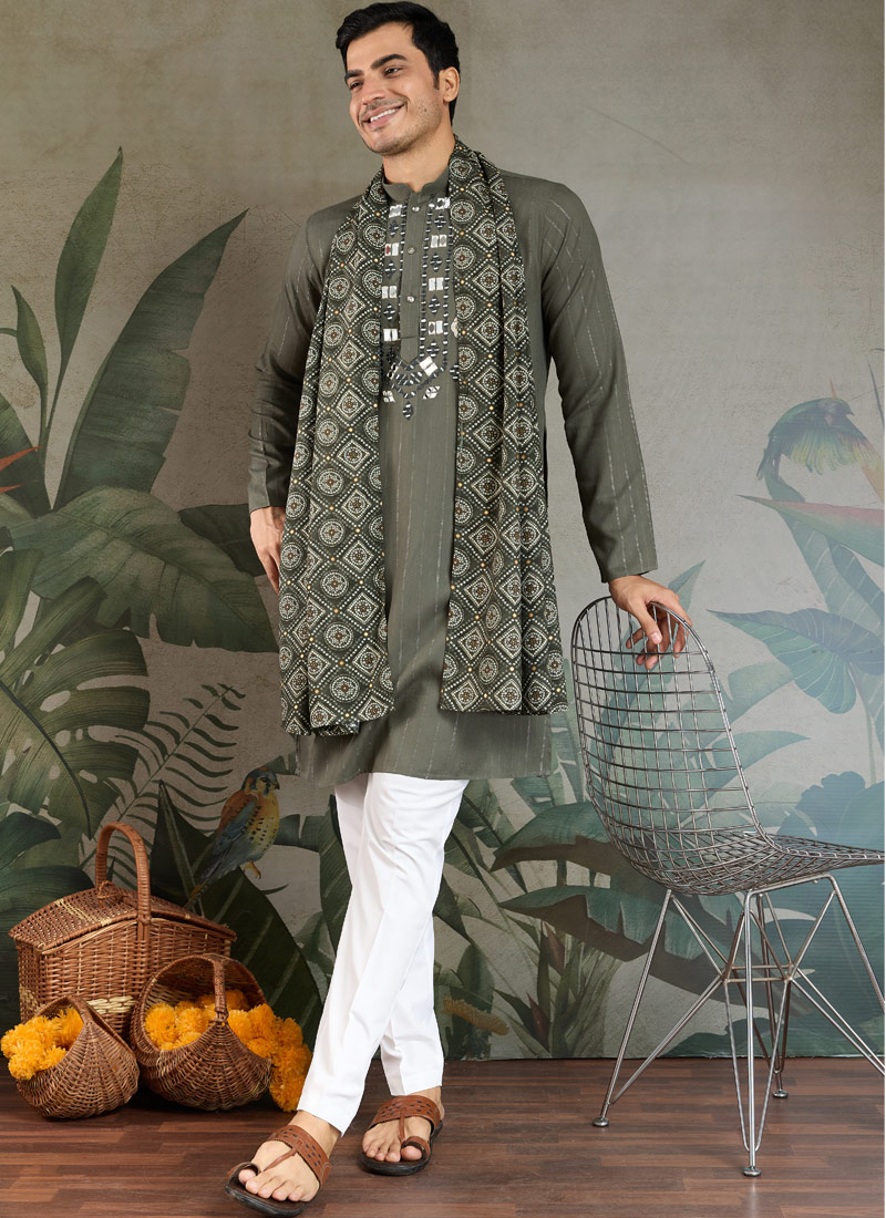 Olive Green Viscose Mirror Work Navratri Kurta With Dupatta Olive Green Viscose Mirror Work Navratri Kurta With Dupatta