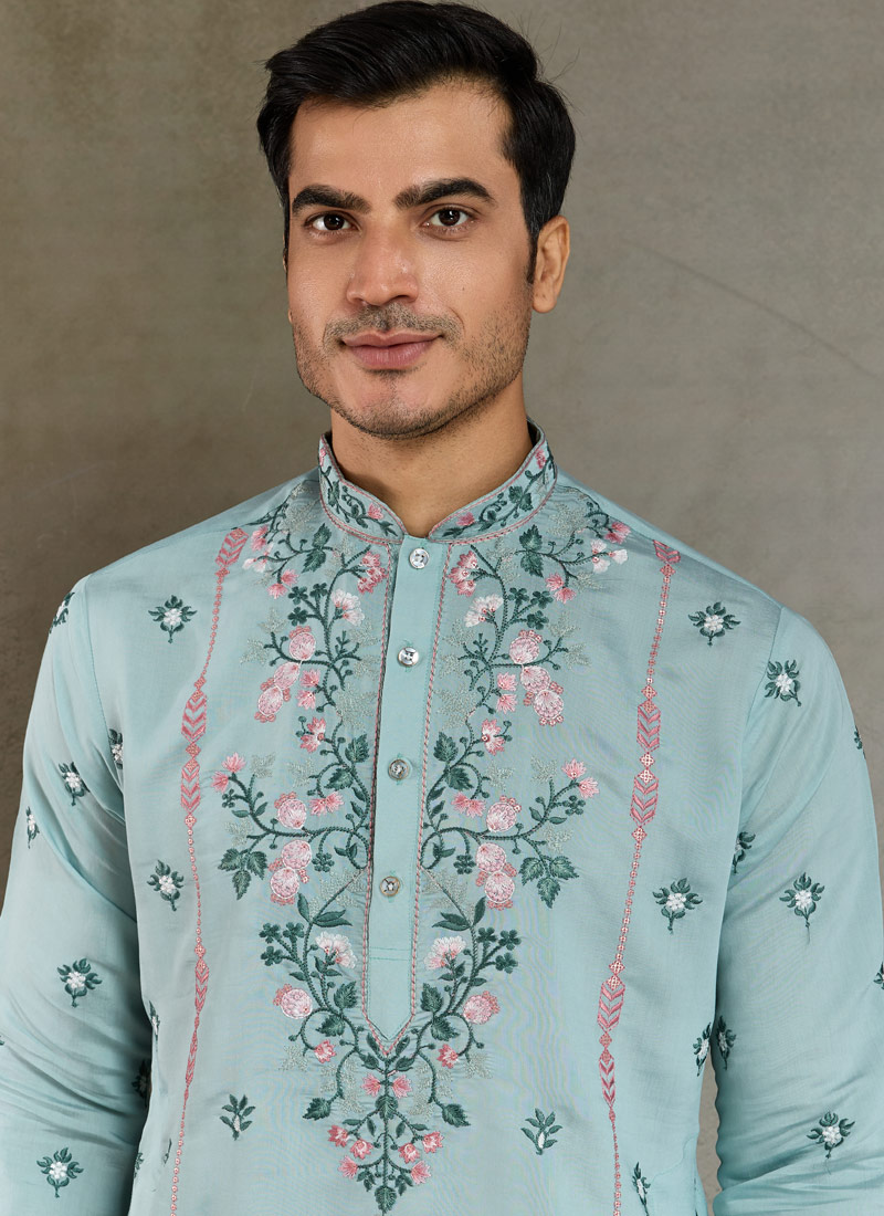 Sky Viscose Silk Sequins Embroidered Navratri Kurta 