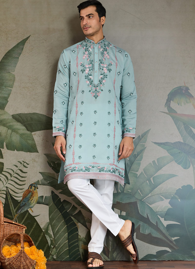 Sky Viscose Silk Sequins Embroidered Navratri Kurta 