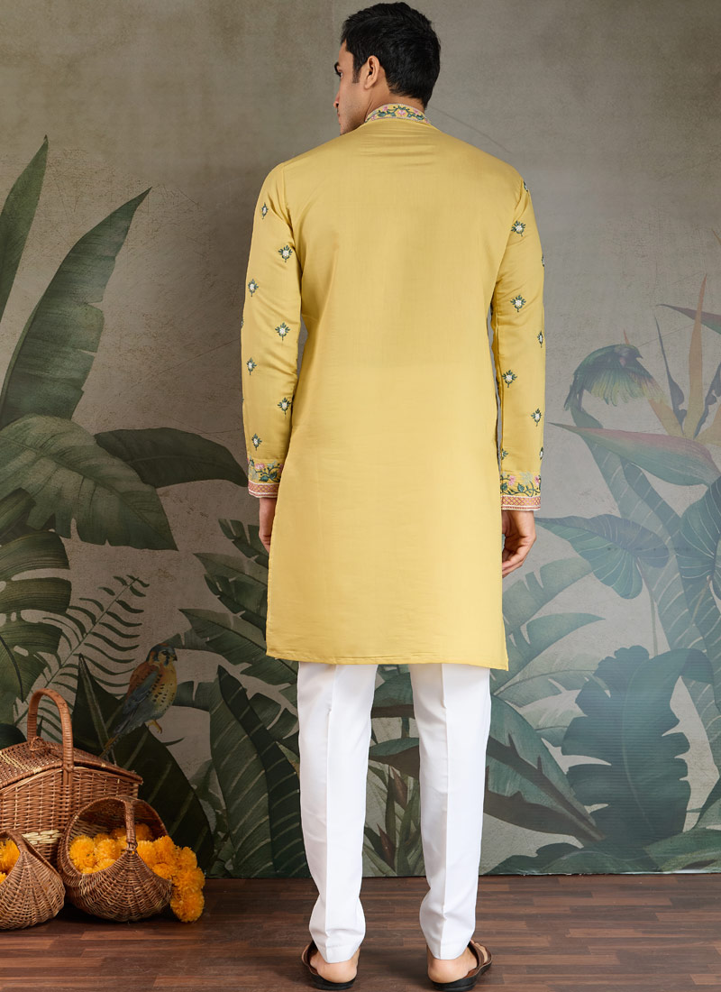 Yellow Viscose Silk Thread Embroidered Navratri Kurta Yellow Viscose Silk Thread Embroidered Navratri Kurta