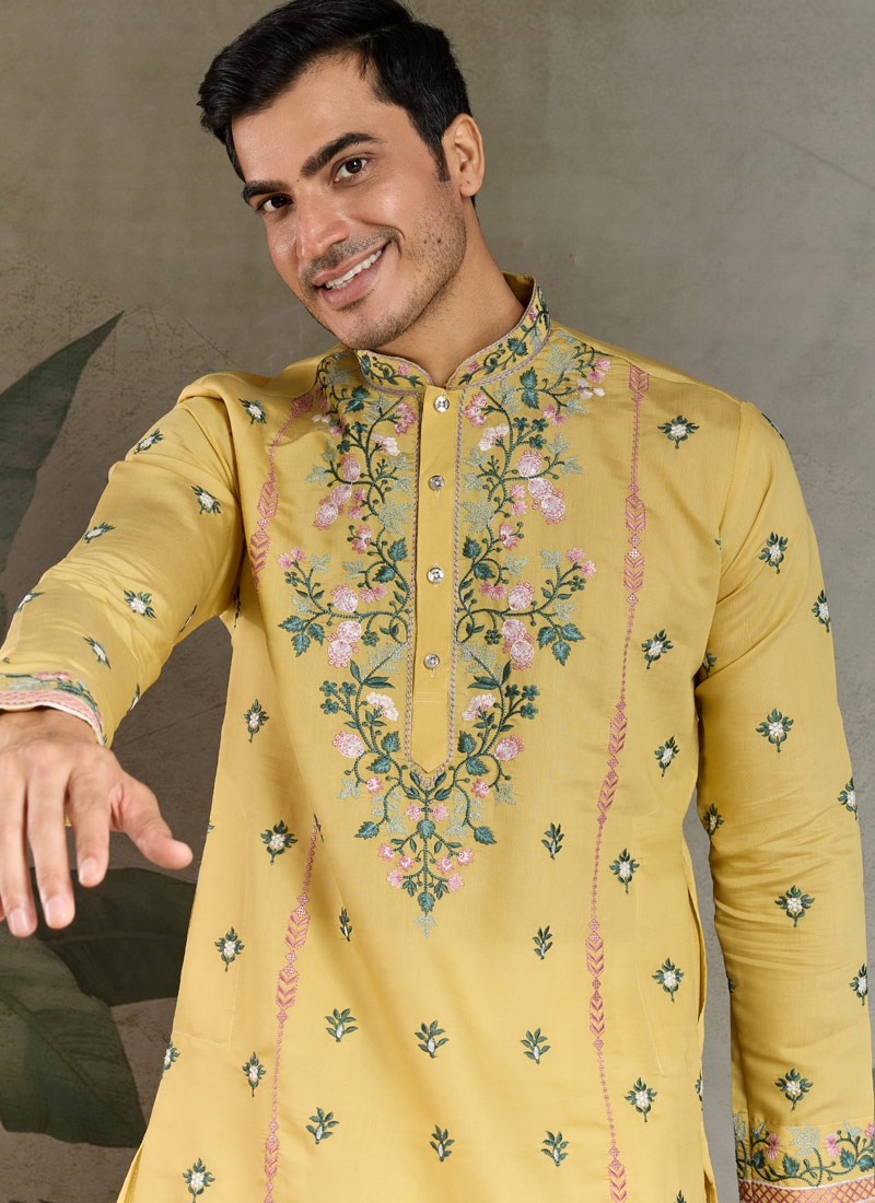Yellow Viscose Silk Thread Embroidered Navratri Kurta Yellow Viscose Silk Thread Embroidered Navratri Kurta