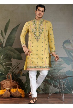 Yellow Viscose Silk Thread Embroidered Navratri Kurta