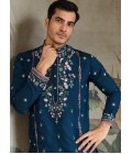 Teal Blue Viscose Silk Sequins Embroidered Navratri Kurta
