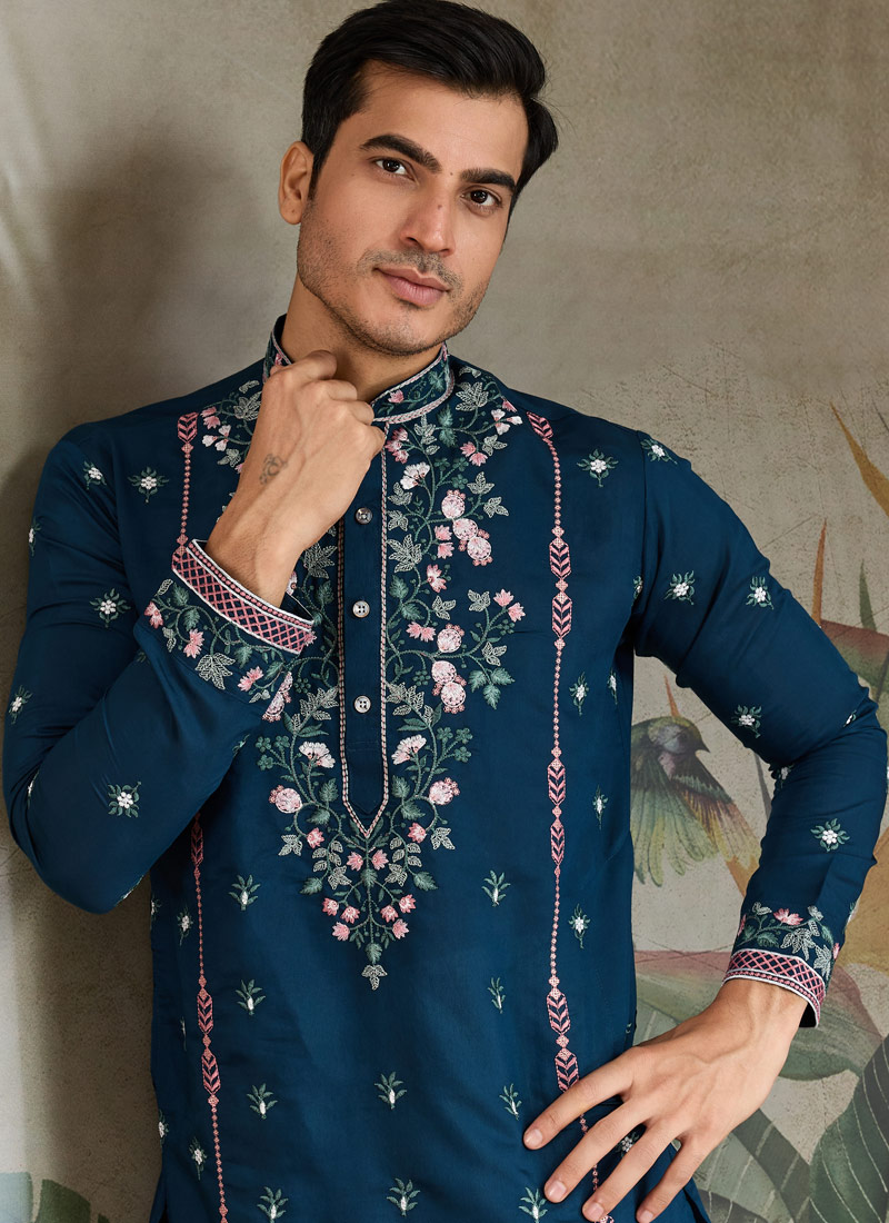 Teal Blue Viscose Silk Sequins Embroidered Navratri Kurta