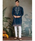 Teal Blue Viscose Silk Sequins Embroidered Navratri Kurta