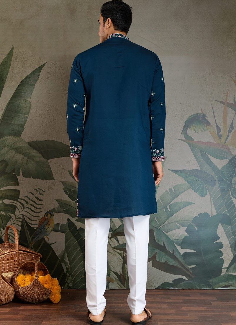Teal Blue Viscose Silk Sequins Embroidered Navratri Kurta