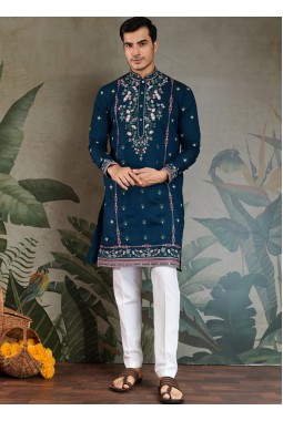 Teal Blue Viscose Silk Sequins Embroidered Navratri Kurta