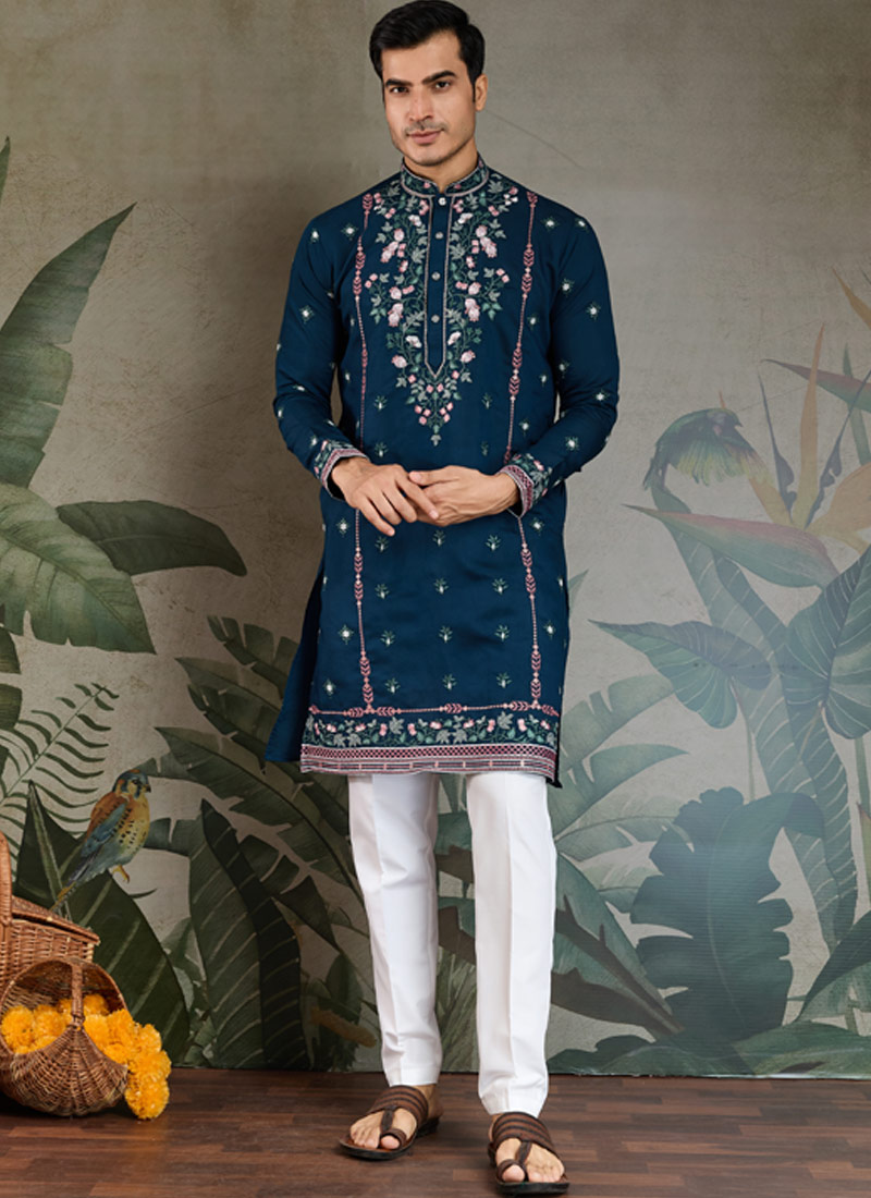 Teal Blue Viscose Silk Sequins Embroidered Navratri Kurta