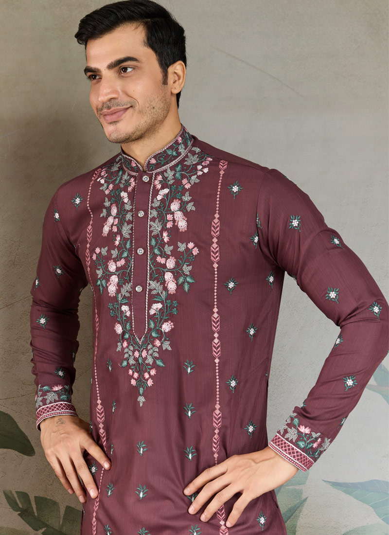Pastel Chocolate Viscose Silk Thread Embroidered Navratri Kurta Pastel Chocolate Viscose Silk Thread Embroidered Navratri Kurta