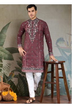 Pastel Chocolate Viscose Silk Thread Embroidered Navratri Kurta
