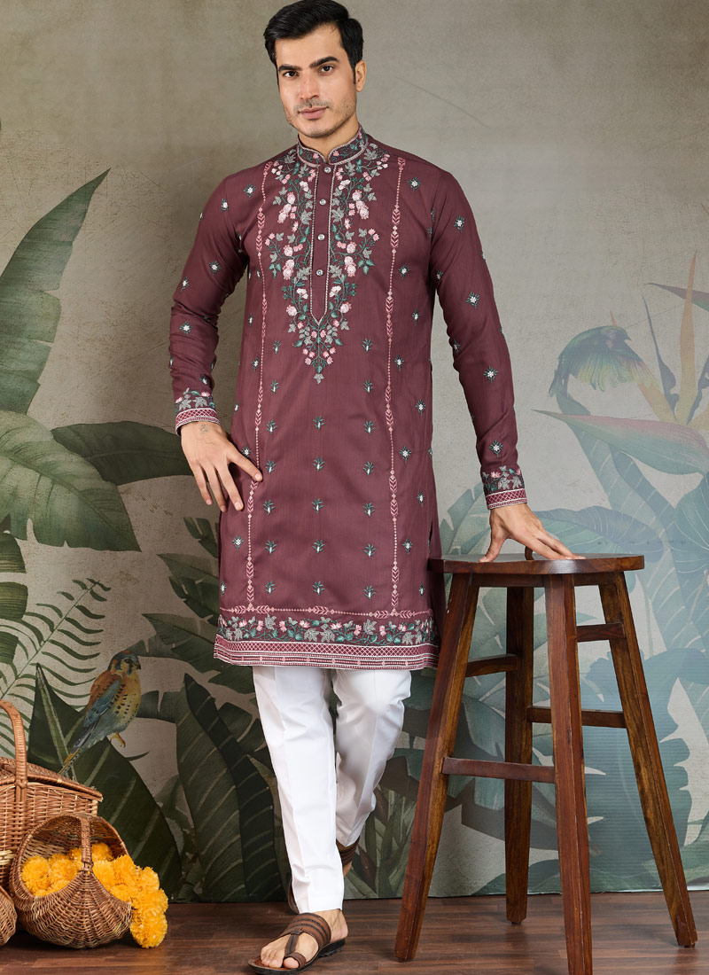 Pastel Chocolate Viscose Silk Thread Embroidered Navratri Kurta Pastel Chocolate Viscose Silk Thread Embroidered Navratri Kurta