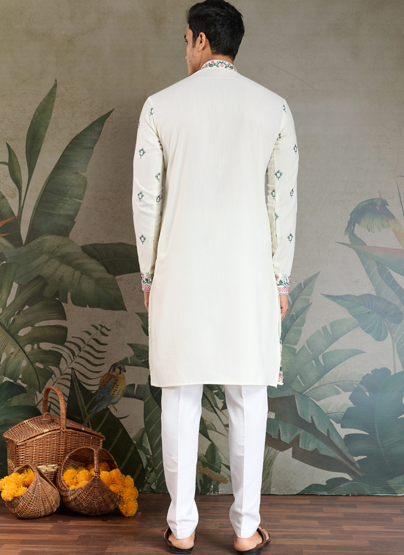 White Viscose Silk Sequins Embroidered Navratri Kurta White Viscose Silk Sequins Embroidered Navratri Kurta