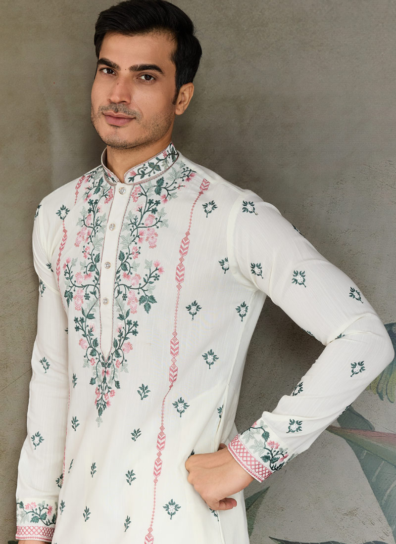 White Viscose Silk Sequins Embroidered Navratri Kurta White Viscose Silk Sequins Embroidered Navratri Kurta