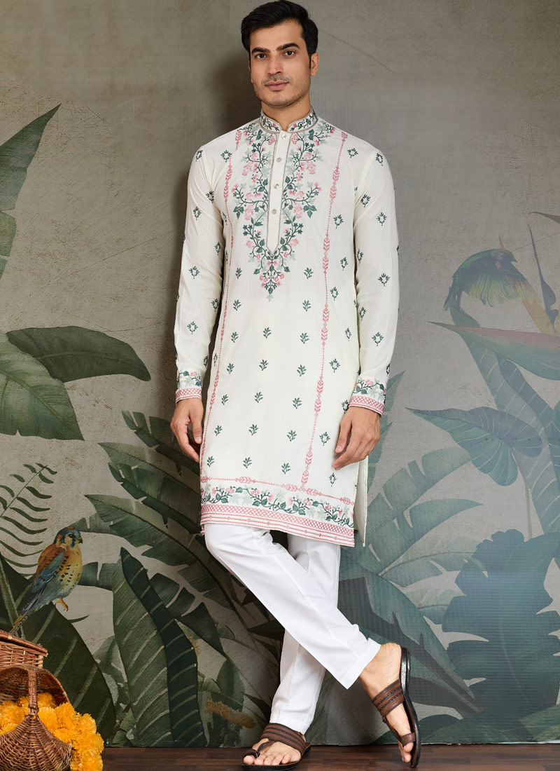 White Viscose Silk Sequins Embroidered Navratri Kurta White Viscose Silk Sequins Embroidered Navratri Kurta