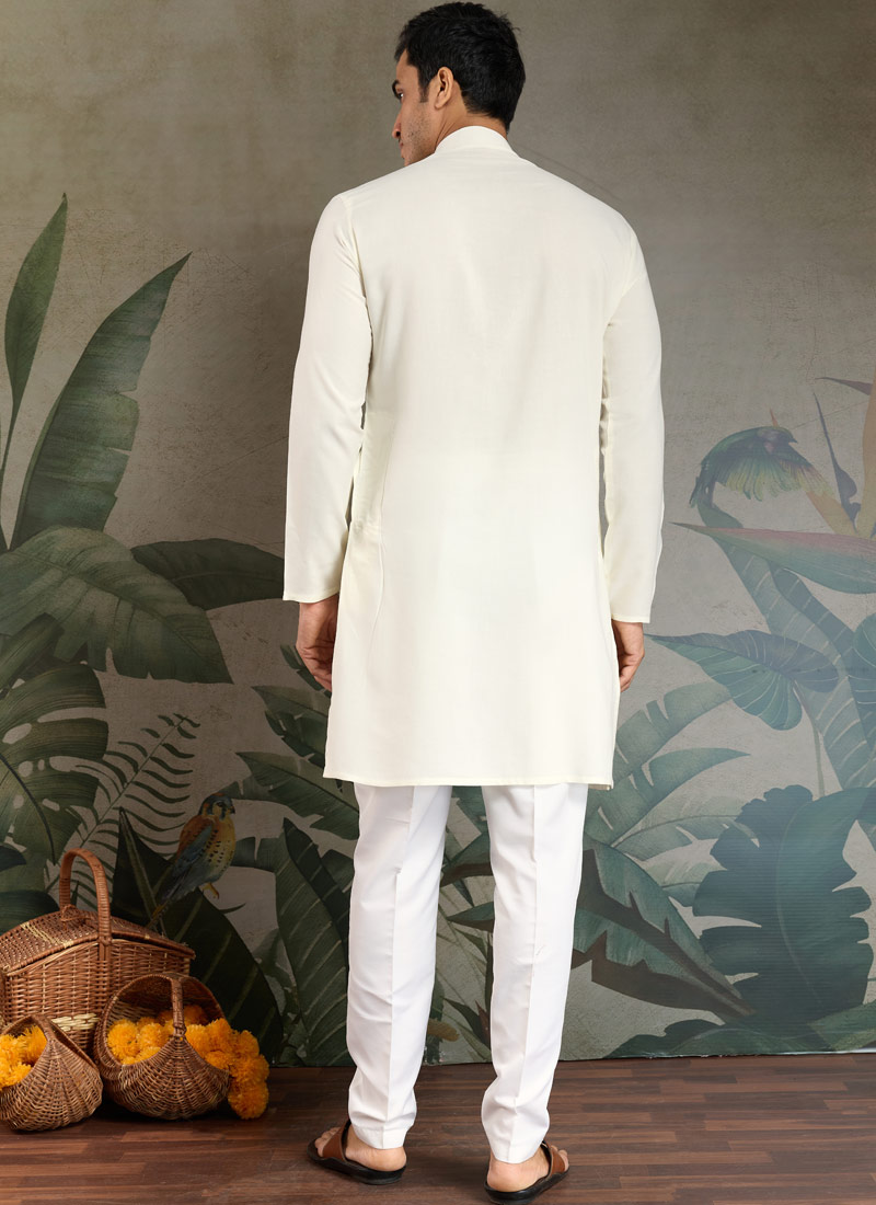 White Viscose Rayon Thread Embroidered Navratri Kurta White Viscose Rayon Thread Embroidered Navratri Kurta