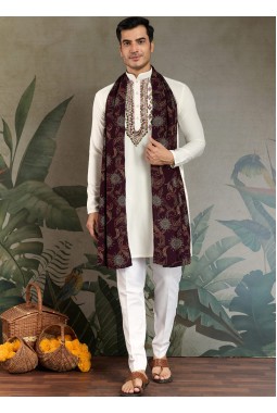 White Viscose Rayon Thread Embroidered Navratri Kurta