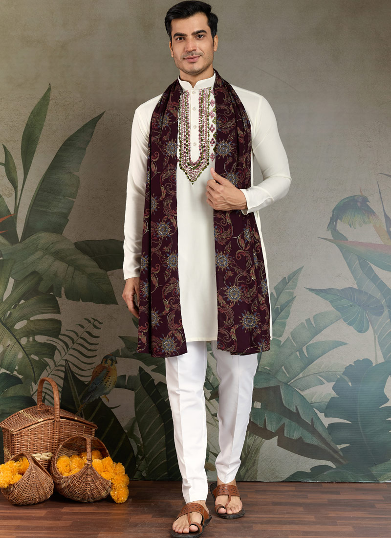 White Viscose Rayon Thread Embroidered Navratri Kurta White Viscose Rayon Thread Embroidered Navratri Kurta