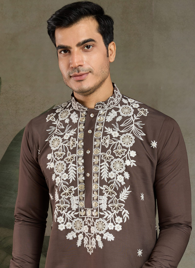 Chocolate Gray Viscose Silk sequence Embroidered Navratri Kurta Chocolate Gray Viscose Silk sequence Embroidered Navratri Kurta