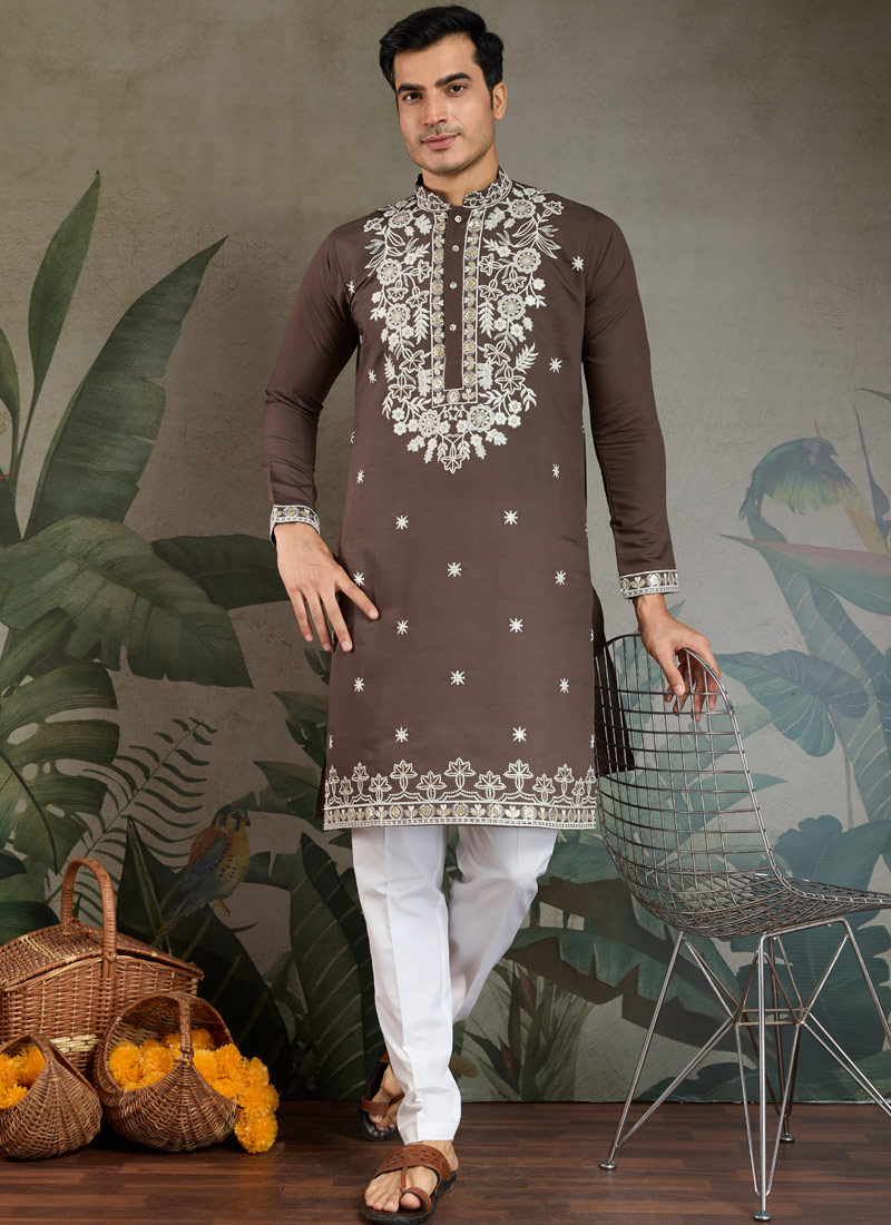 Chocolate Gray Viscose Silk sequence Embroidered Navratri Kurta Chocolate Gray Viscose Silk sequence Embroidered Navratri Kurta