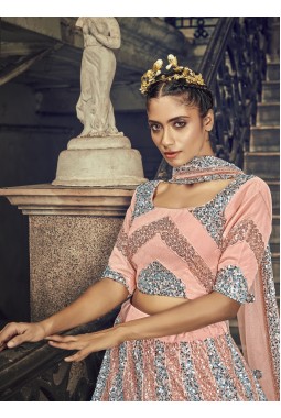 Peach Net Sequins Wedding Lehenga Choli