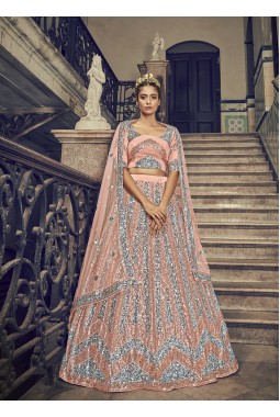 Peach Net Sequins Wedding Lehenga Choli