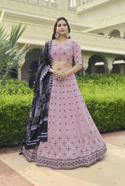 Dusty Pink Georgette Thread Embroidery Wedding Lehenga Choli
