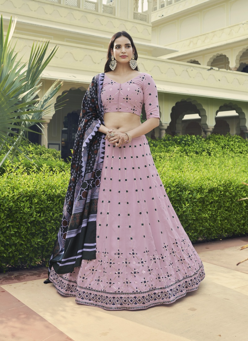 Dusty Pink Georgette Thread Embroidery Wedding Lehenga Choli