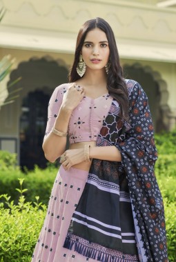 Dusty Pink Georgette Thread Embroidery Wedding Lehenga Choli