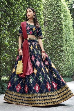 Navy Blue Silk Sequins Wedding Lehenga Choli