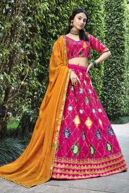 Rani Pink Silk Thread Embroidery Wedding Lehenga Choli