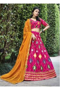 Rani Pink Silk Thread Embroidery Wedding Lehenga Choli
