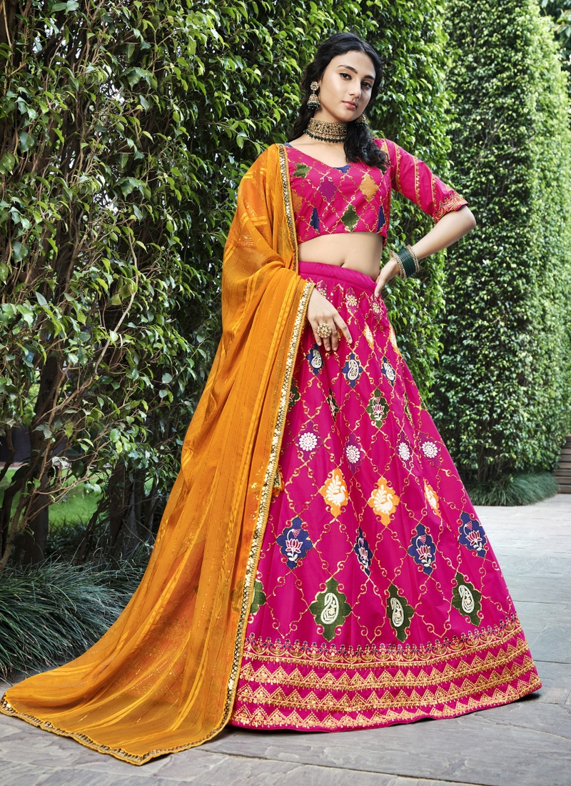 Rani Pink Silk Thread Embroidery Wedding Lehenga Choli