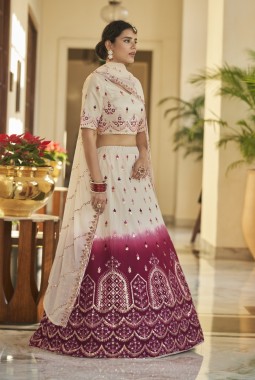 Beige And Marron Art Silk Mirror Work Wedding Lehenga Choli