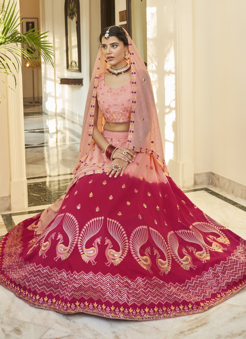Peach And Deep Pink Art Silk Embroidery Wedding Lehenga Choli