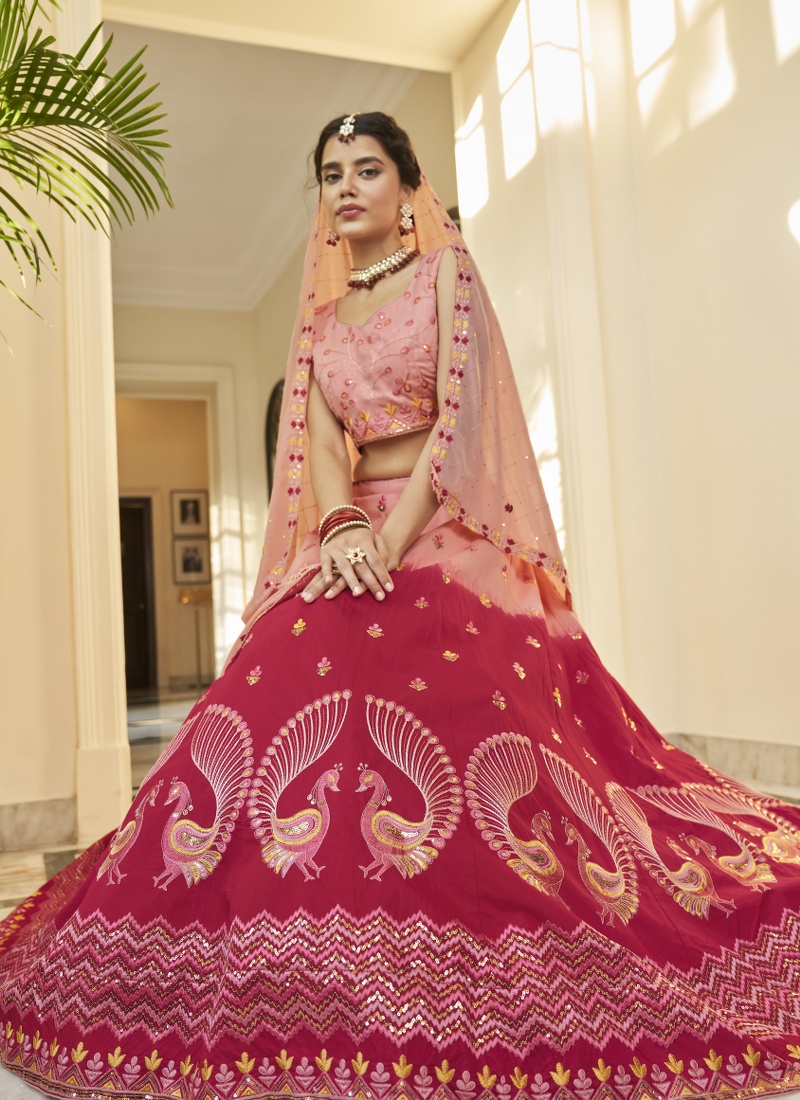 Peach And Deep Pink Art Silk Embroidery Wedding Lehenga Choli