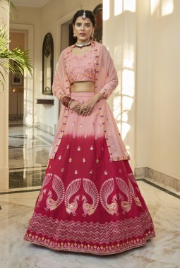 Peach And Deep Pink Art Silk Embroidery Wedding Lehenga Choli