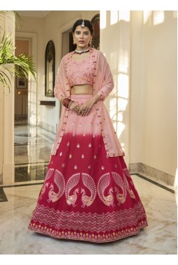 Peach And Deep Pink Art Silk Embroidery Wedding Lehenga Choli