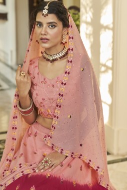 Peach And Deep Pink Art Silk Embroidery Wedding Lehenga Choli