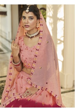 Peach And Deep Pink Art Silk Embroidery Wedding Lehenga Choli
