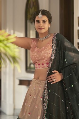 Rust Orange And Green Art Silk Embroidered Wedding Lehenga Choli