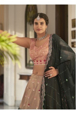 Rust Orange And Green Art Silk Embroidered Wedding Lehenga Choli