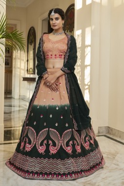 Rust Orange And Green Art Silk Embroidered Wedding Lehenga Choli