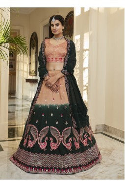 Rust Orange And Green Art Silk Embroidered Wedding Lehenga Choli