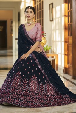 Dusty Pink And Navy Blue Art Silk Mirror Work Wedding Lehenga Choli