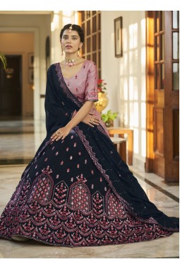 Dusty Pink And Navy Blue Art Silk Mirror Work Wedding Lehenga Choli