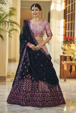 Dusty Pink And Navy Blue Art Silk Mirror Work Wedding Lehenga Choli