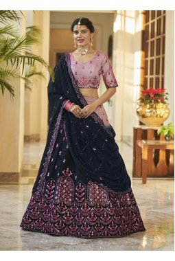 Dusty Pink And Navy Blue Art Silk Mirror Work Wedding Lehenga Choli