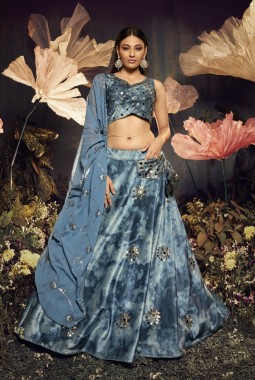 Sky Pink Velvet Sibburi Print Wedding Lehenga Choli