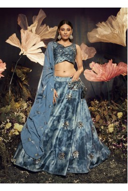 Sky Pink Velvet Sibburi Print Wedding Lehenga Choli